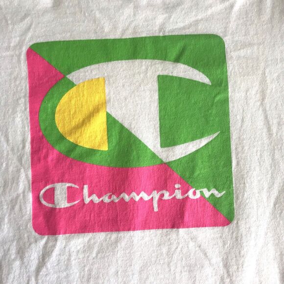 Champion Men T-Shirt Size Medium White Logo Graphic Neon Short Sleeve Cotton EUC - Picture 2 of 8